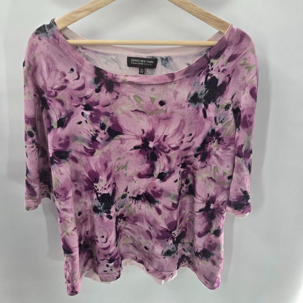 Jones New York Purple Floral Rayon/Nylon/Spandex Short Sleeved Shirt 3x